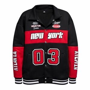 Manfinity Men’s Varsity Jacket XL Black Red New York 03 Snap Front Streetwea
